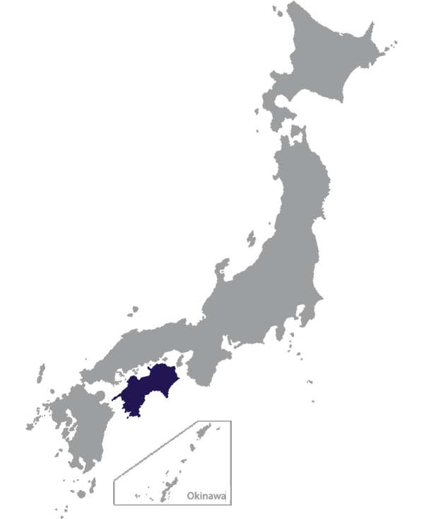 Landkaart Japan grijs met regio Shikoku donkerblauw op transparante achtergrond - 600 * 733 pixels